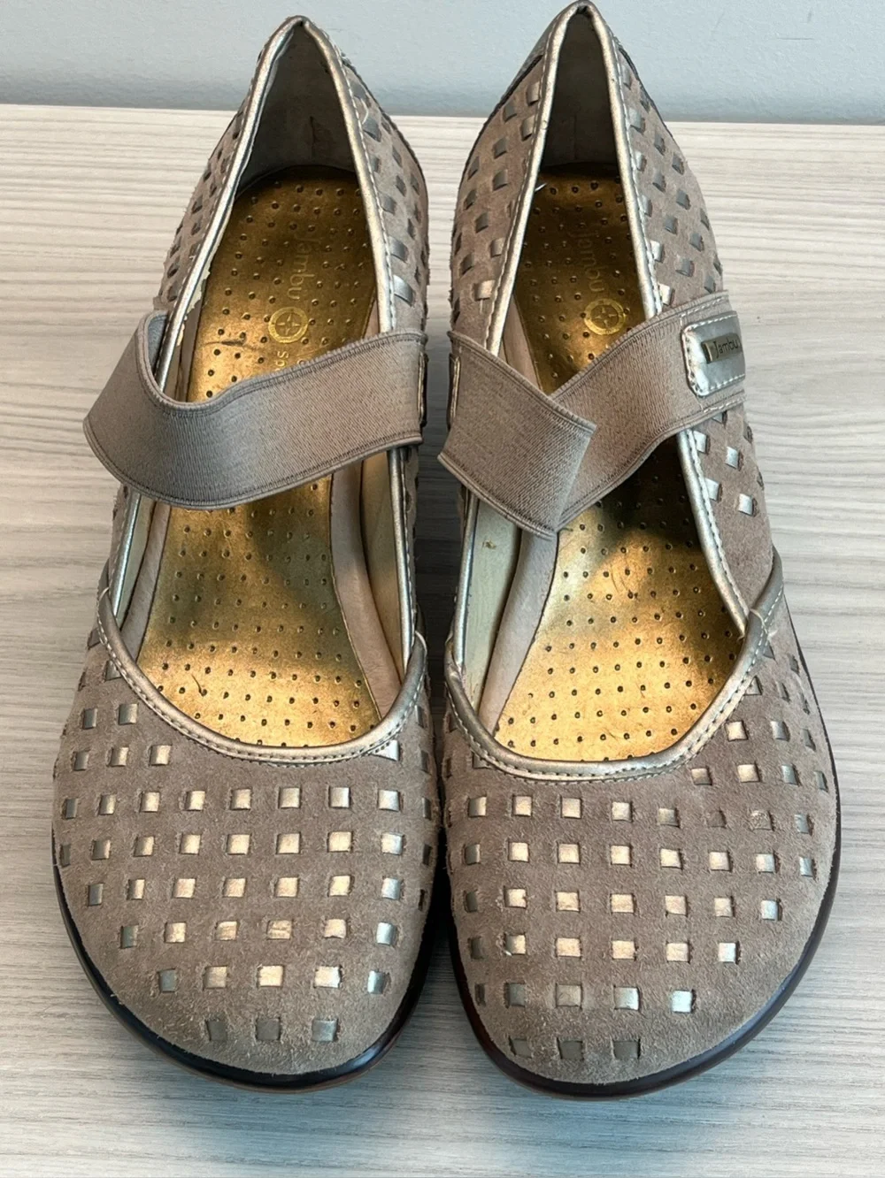 Jambu Hidden Wedge Taupe Suede Comfort Mary Jane Shoes—Women’s 11M